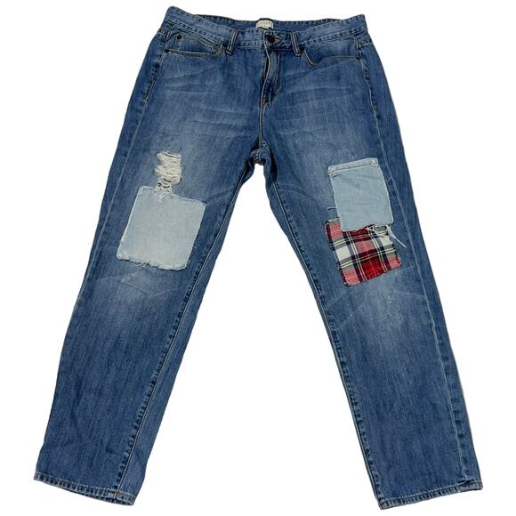 J.Crew Distressed Patchwork Boyfriend Jeans Plaid Detail Size 30 Crop Ankle - Picture 10 of 16